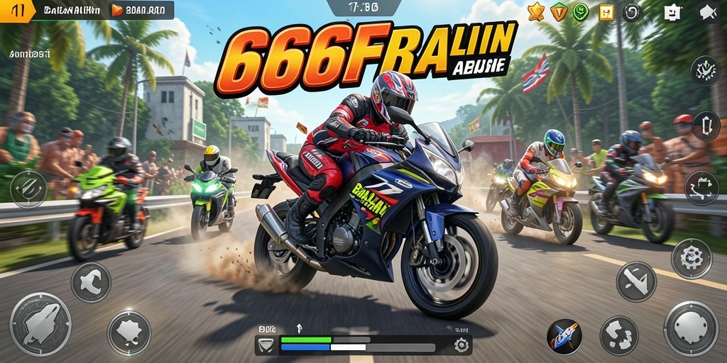 Screenshot utama 666FF menampilkan adrenalin balapan motor yang mendebarkan.
