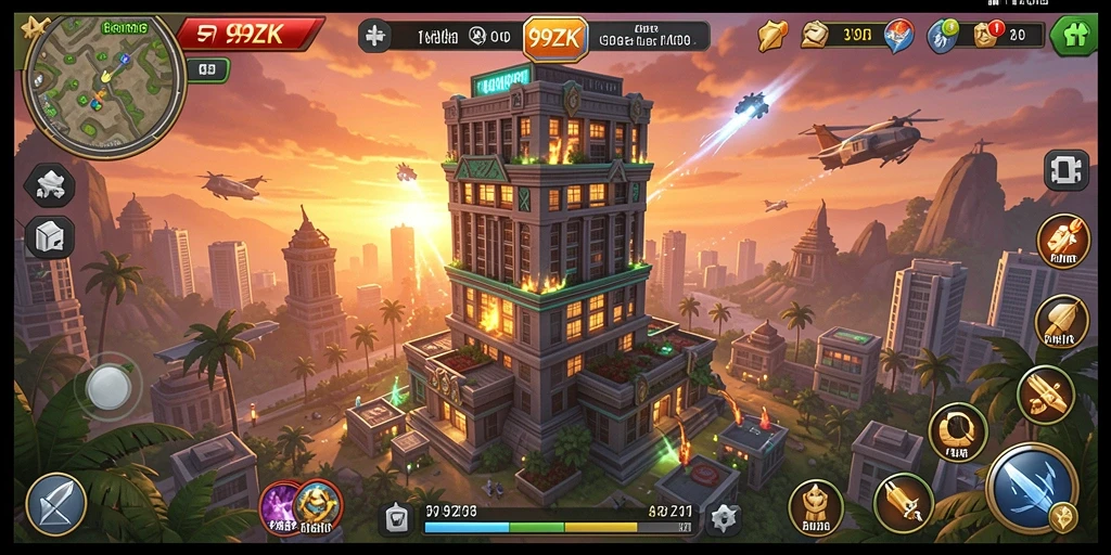 Tampilan gameplay menara dengan pertempuran seru di 99ZK.