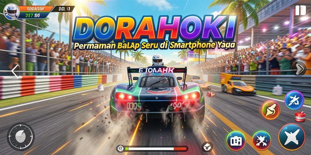 Screenshot gameplay DORAHOKI yang memperlihatkan balapan mendebarkan.