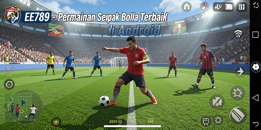 Tampilan gameplay seru dari EE789, di mana pertandingan sepak bola berlangsung dengan intens.