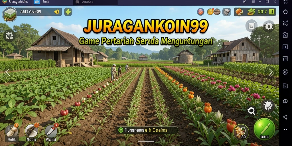 Screenshot gameplay JURAGANKOIN99 yang menunjukkan ladang yang subur dan hewan ternak.