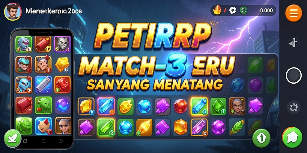 Screenshot menunjukkan gameplay seru PETIRRP dengan variasi tantangan Match-3.