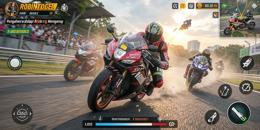 Screenshot gameplay ROBINTOGEL menampilkan aksi balapan motor yang mendebarkan.