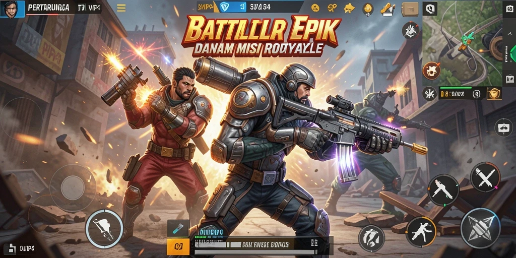 Tangkapan layar utama SVIP4 menampilkan aksi mendebarkan di tengah pertempuran Battle Royale.